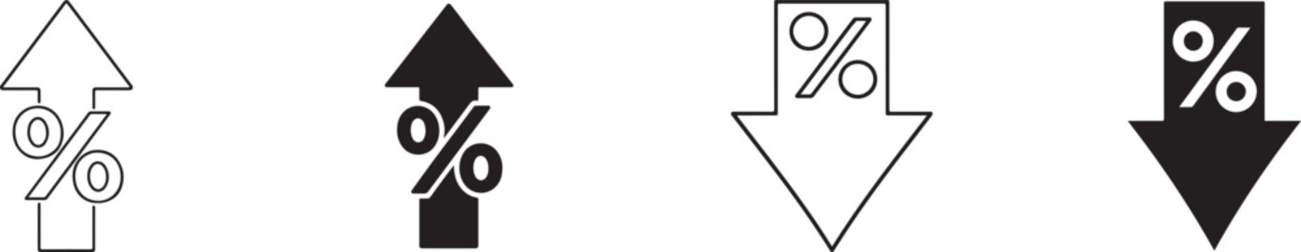 Percentage growth and decline icon set with up and down arrows in flat and editable line styles.