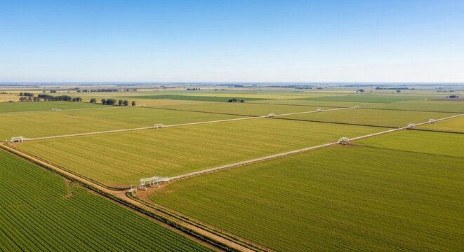 Vast Agricultural Landscape with Irrigation Systems Under a Clear Blue Sky