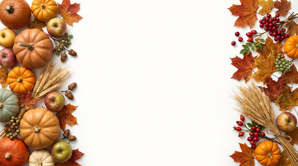 Fototapeta premium Autumn harvest border with pumpkins colorful leaves wheat berries and fall decorations