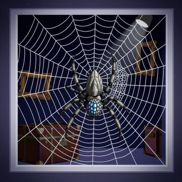 Halloween spider in web with treasure chests and ornate frames illuminated by spotlights