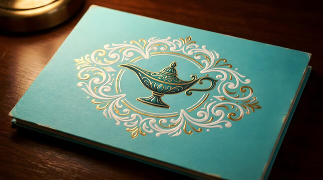 Elegant Turquoise Book Cover with Genie Lamp Emblem and Ornate Golden Swirls