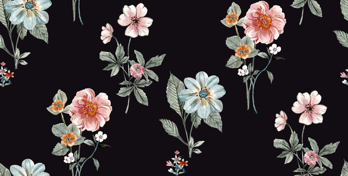 Seamless repeating pattern with Flowrs motifs placed at different angles, balanced by smaller floral elements and filler
