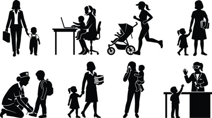 Fototapeta premium Working Mom Silhouettes Vector Set of Motherhood Career Balance Parenting Childcare and Multitasking Women