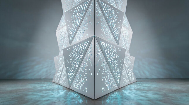 Tall white geometric pillar with intricate laser cut floral lattice pattern