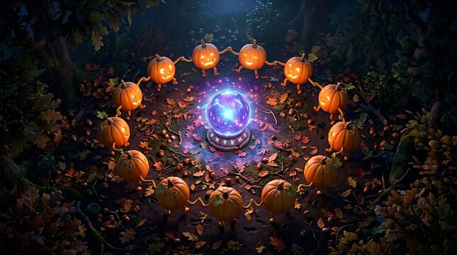 Glowing orb of light surrounded by illuminated orange spheres in dark fantasy forest setting