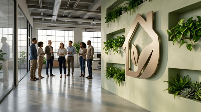 Sustainable business team, collaborating in modern eco-friendly office space with a vertical garden wall, large industrial windows and house leaf logo, bright interior, green energy real estate agenc