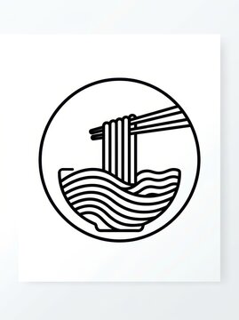 Minimalist Ramen Bowl Icon with Chopsticks and Noodles in Circular Frame - Black and White Line Art Illustration