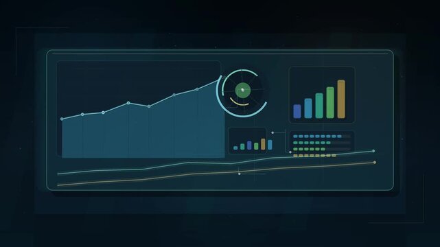 Financial data dashboard displaying animated growth charts and statistical metrics in a seamless loop for professional business analysis video footage