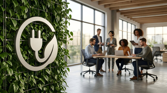 Green energy logo, diverse corporate team working together, vertical plant wall with leaf plug symbol, sustainable modern office with large windows, renewable electricity marketing materials, ESG
