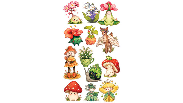 Whimsical forest spirits sticker set, cute watercolor fantasy plant creatures, 14 magical nature character illustrations