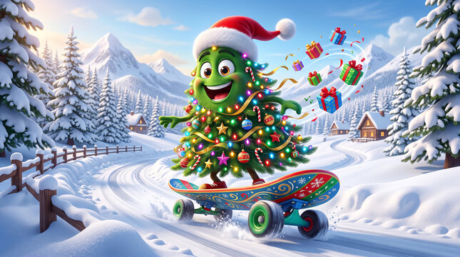 Green elf skateboarding with christmas tree