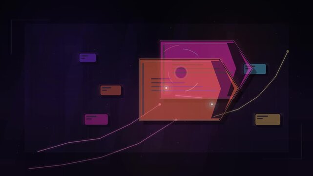 Glowing digital interface animation showing business growth trends with moving linear charts and floating colorful information modules in motion graphic footage