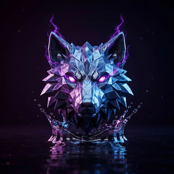 Futuristic Geometric Low Poly Metallic Wolf Head Emerging from Water
