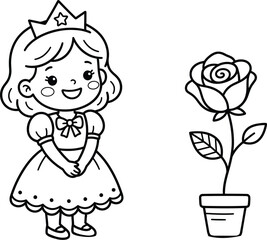 Cute princess and rose flower in pot line drawing isolated on transparent background © Mansura