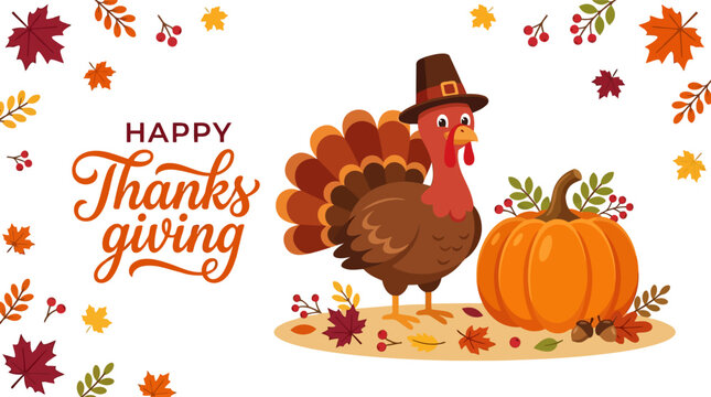 Cute cartoon turkey with a pilgrim hat and orange pumpkin for thanksgiving holiday Vector