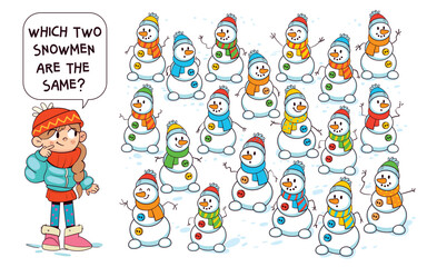 Fototapeta premium Find the Matching. Winter-themed puzzle for kids: find the two identical snowmen among many. Great for developing attention, visual perception, and matching skills through playful observation.