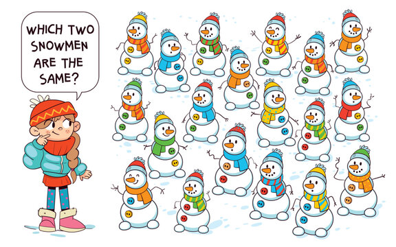 Find the Matching. Winter-themed puzzle for kids: find the two identical snowmen among many. Great for developing attention, visual perception, and matching skills through playful observation.