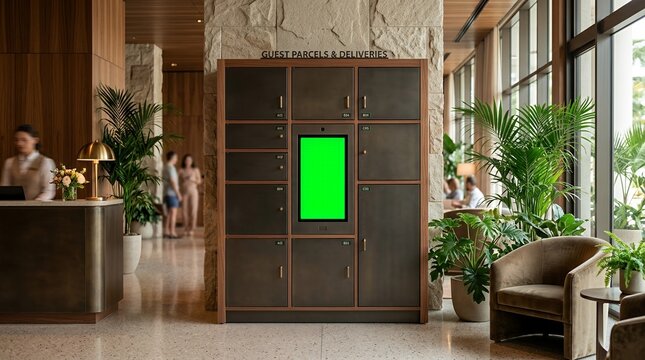 Secure automated delivery lockers with a blank green mockup screen in a luxurious hotel lobby interior