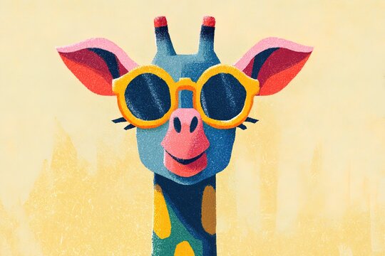 Giraffe wearing sunglasses against a simple background