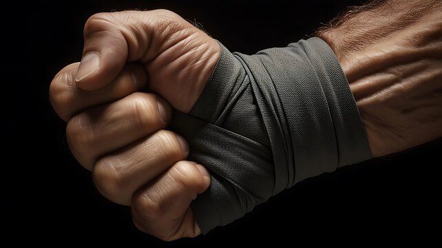 Powerful male fist tightly wrapped in grey hand bandages