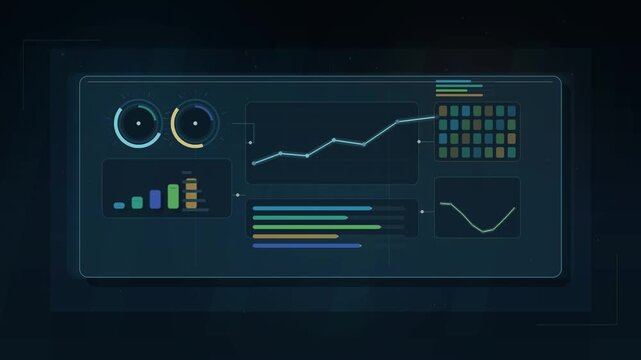 Interactive digital dashboard displaying business growth analytics with moving data charts and financial metrics in a sleek motion graphics video