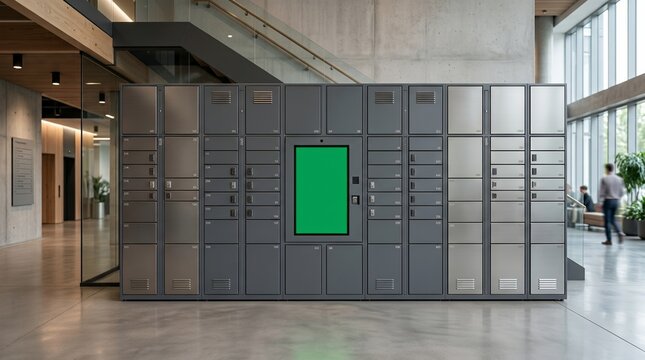 Modern Parcel Locker Station with Green Screen Display in Office Lobby