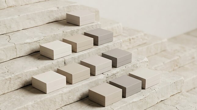 Minimalist composition featuring 12 square boxes displayed in a professional studio setting on natural stone steps for modern product presentation design