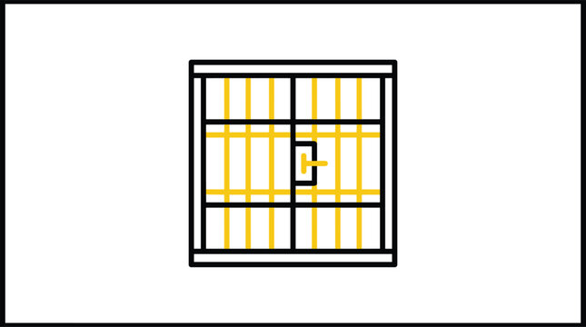 Prison cell jail door icon with yellow metal bars and lock handle symbol isolated vector illustration