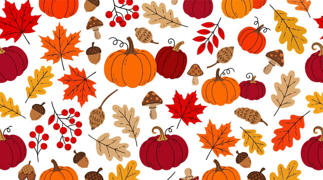 Seamless pattern with autumn pumpkins leaves mushrooms and acorns for fall season decor Vector