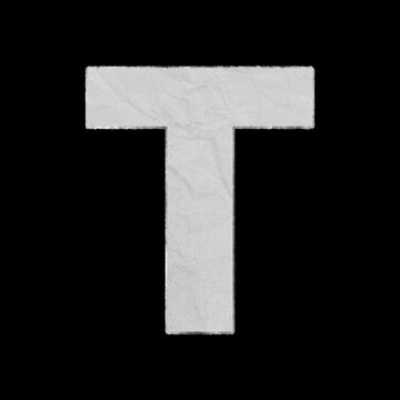 Capital letter T cut from textured white paper isolated on a solid black background