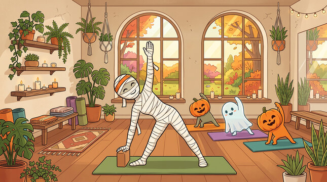 Mummy doing yoga with cartoon pets