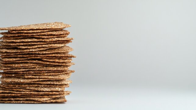A beautifully arranged stack of whole-grain crackers captured against a clean white background showcasing their texture and quality