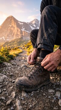 Hiker man tying shoelaces of his leather boots on a mountain trail at sunset, international men's day outdoor adventure and resilience concept