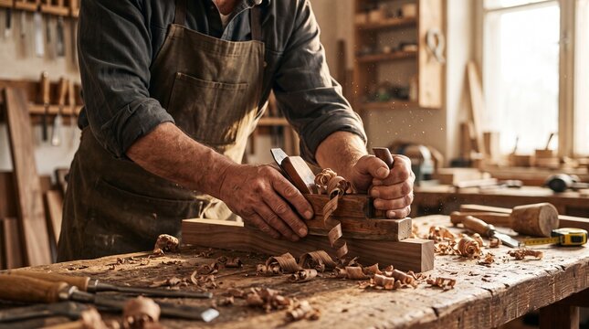 Craftsman woodworker in leather apron planing wood plank with hand plane tool in workshop, international men's day artisanal skills concept