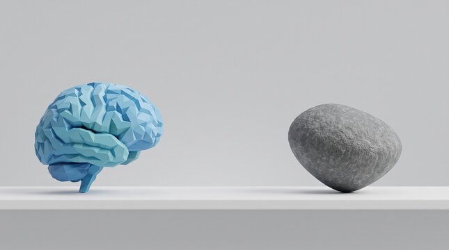 Low poly human brain and a solid stone on white background, men's mental health and emotional strength concept for international men's day