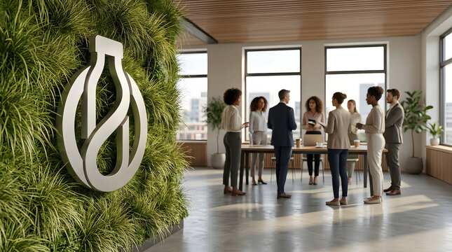 Modern business meeting, professional team talking, eco living green wall with corporate logo mockup and plants, bright open plan office interior with large windows, for sustainable marketing ads