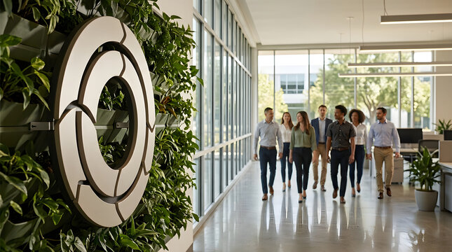 Business people walking, diverse team professional group moving forward, sustainable office logo and green vertical plant wall, sunny corporate corridor hallway interior, marketing and commerciality.
