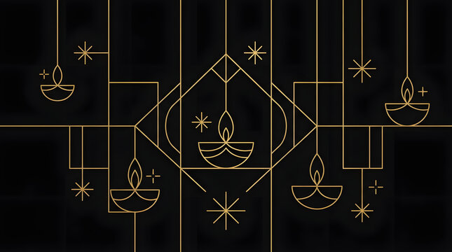 Elegant golden diya lamps displayed with geometric linear patterns on a dark sophisticated black background aesthetic