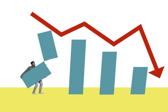 Collage young man charts statistics dynamic arrow regression falling down crisis economy devaluation problem break collapse bankruptcy