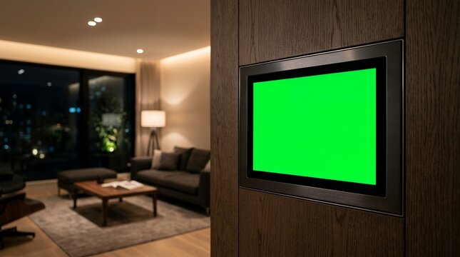 Smart Home Control Panel with Green Screen on Modern Living Room Wall
