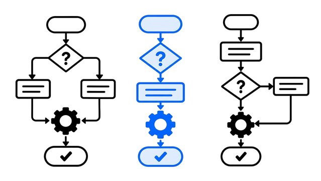 Flowchart diagrams with decision nodes and process steps for business work flows