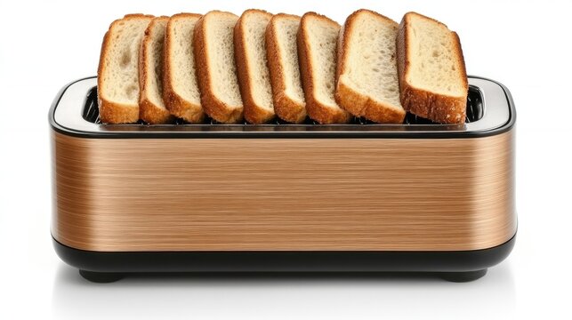 A stylish toaster with perfectly browned toast arranged neatly on a sleek countertop against a bright white backdrop