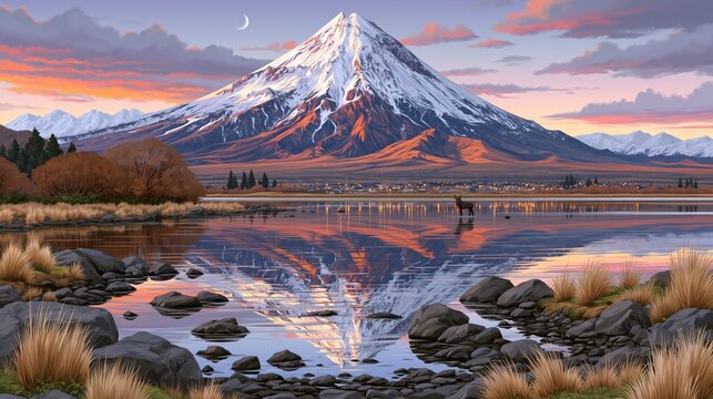 Growth and continuous learning inspired by majestic snow capped volcano reflecting on calm lake at twilight