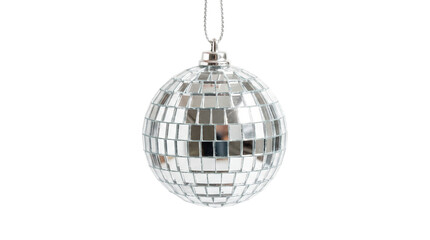 Fototapeta premium A classic disco ball ornament with mirrored squares hanging from a silver chain against a white background