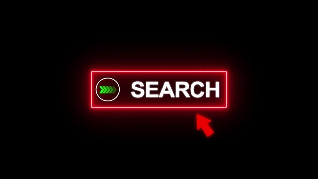 Neon Red Glowing Search Button with Mouse Cursor Click Animation 4K Loop on Black Background