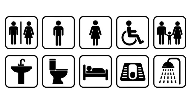 Public service and restroom navigation symbols for facility sign board designs
