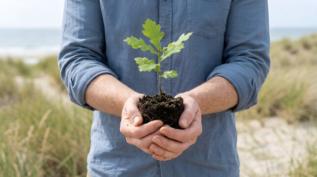 Young oak sapling, held by male hands showing growth, with fertile rich soil and visible roots, at sunny coastal sand dunes and beach background, for environmental sustainability marketing ads.