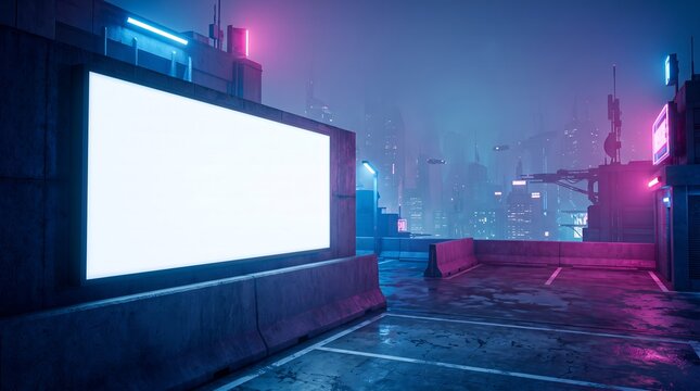 Blank Illuminated Advertising Billboard on a Modern Rooftop in a Futuristic Cyberpunk Cityscape at Night