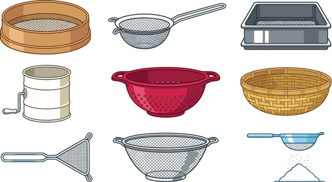 Kitchen Strainer and Colander Vector Icon Set Featuring Flour Sifter Mesh Sieves and Basket Tools for Cooking Baking and Culinary Designs