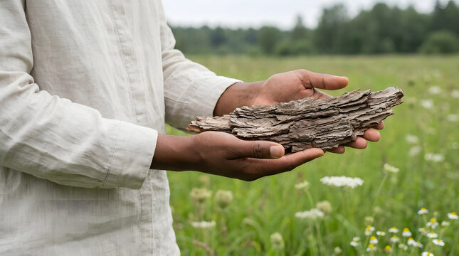 Black person hands holding dry tree bark, tactile presentation of natural wood texture, wearing sustainable beige linen shirt, lush green meadow background with wildflowers, ideal for eco-friendly br